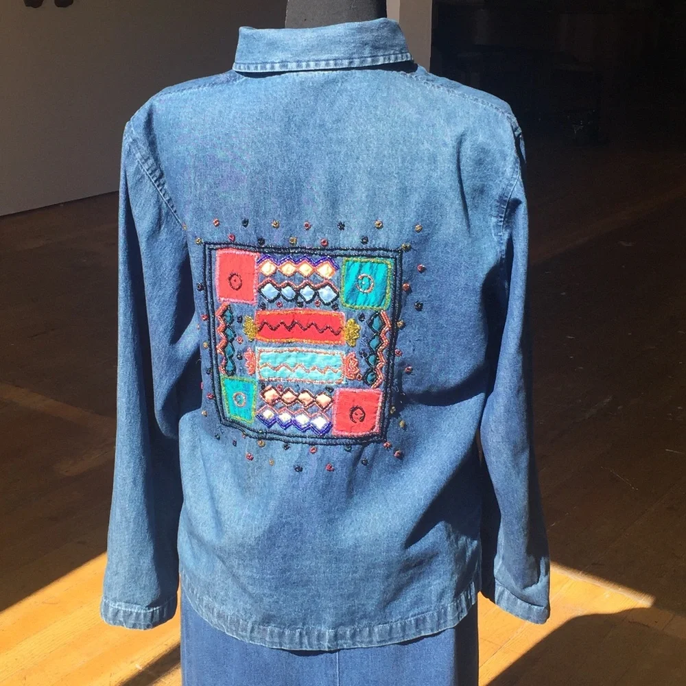 Denim button down with patchwork and beading - Picture 9 of 9